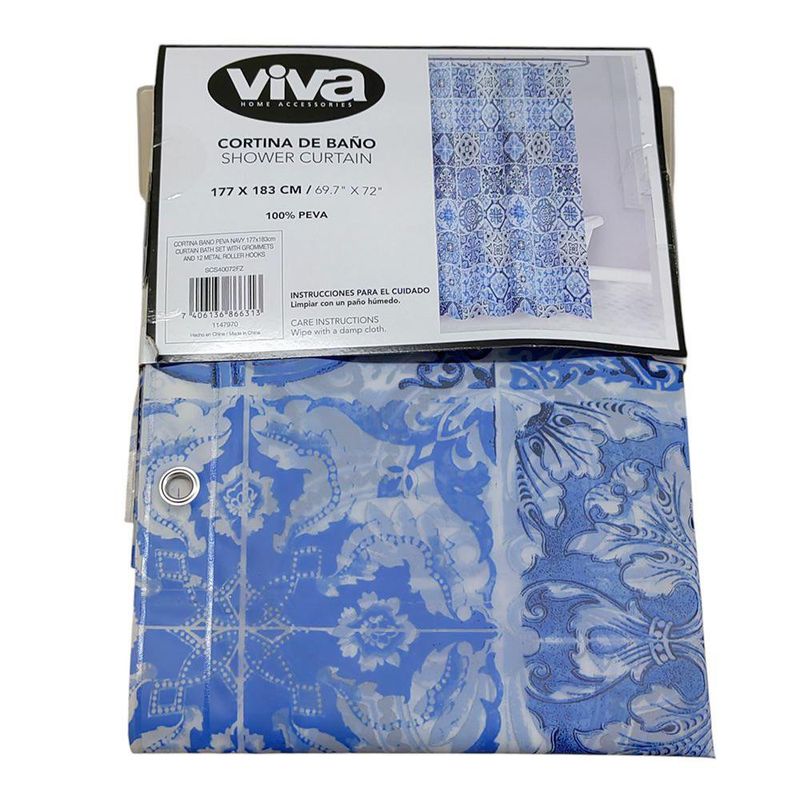 Cortina para Baño con Ganchos de PEVA de 177 x 183 cm Diseño Navy