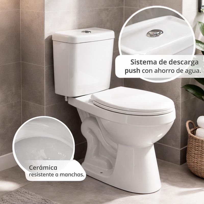 Sanitario de 2 Piezas Redondo Color Blanco con Botón Push