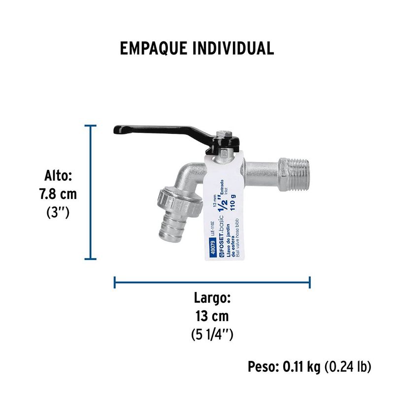 Chorro Tipo Bola Palanca 1/2 Plg x 3/4 Plg 120g con Adaptador de Metal