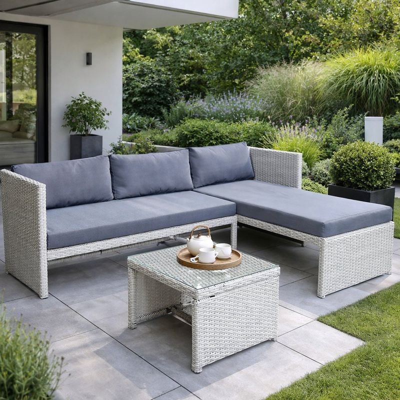 Sofá Esquinero de Patio Paul de 3 Piezas Poly Rattan Color Gris