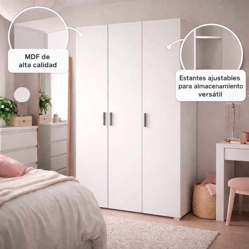 Armario Turin de 3 Puertas para Dormitorio de 49.8 x 118.1 x 200.9 cm Color Blanco