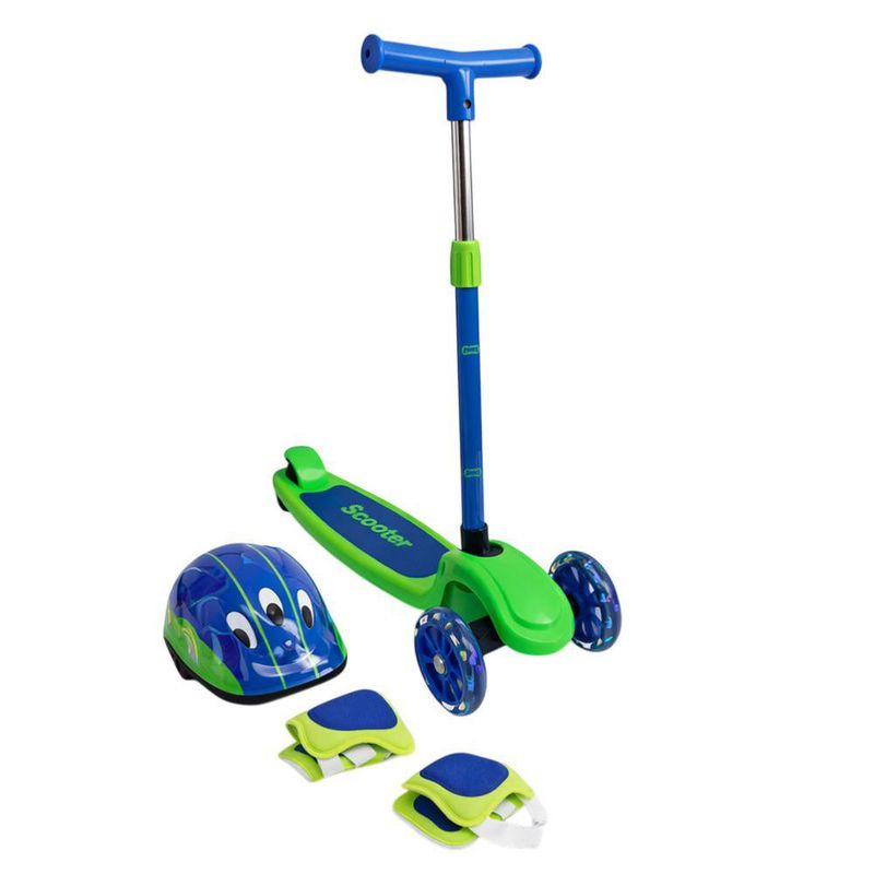Tri Scooter Infantil con Casco y Rodilleras de Protección Color Azul