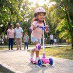 Tri Scooter Infantil con Casco y Rodilleras de Protección Color Rosado