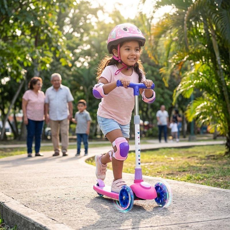 Tri Scooter Infantil con Casco y Rodilleras de Protección Color Rosado