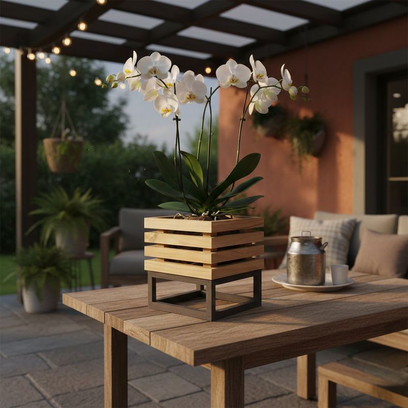 Maceta Cuadrada de Madera Teca con Base de Hierro de 9.5 plg