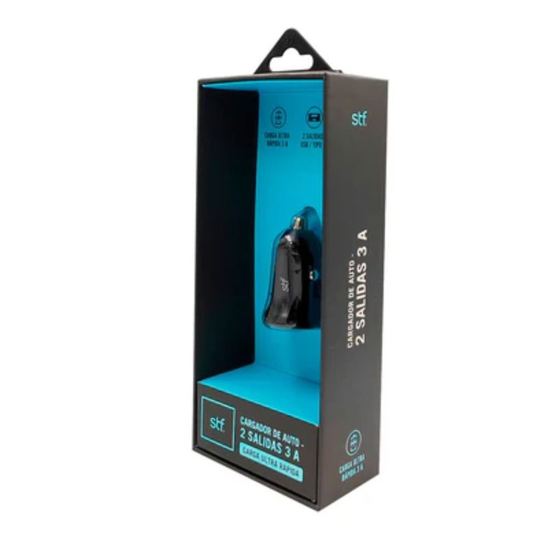 Cargador de Auto de Carga Rápida 20 W 3 A Doble Salida USB y Tipo C Color Negro