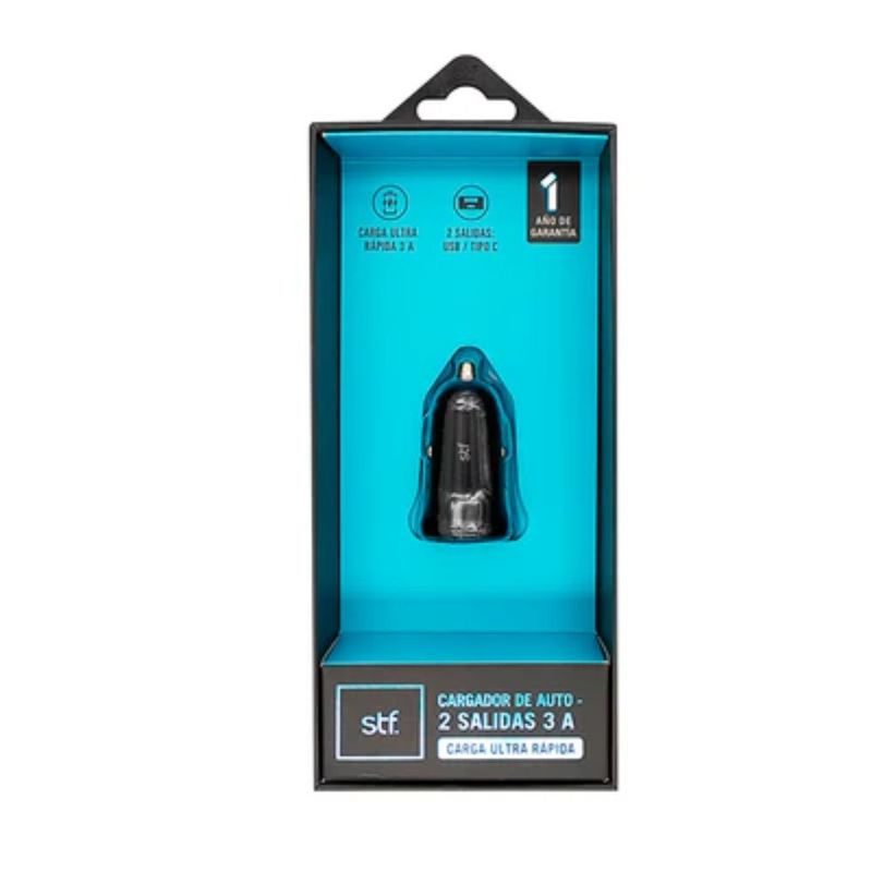 Cargador de Auto de Carga Rápida 20 W 3 A Doble Salida USB y Tipo C Color Negro