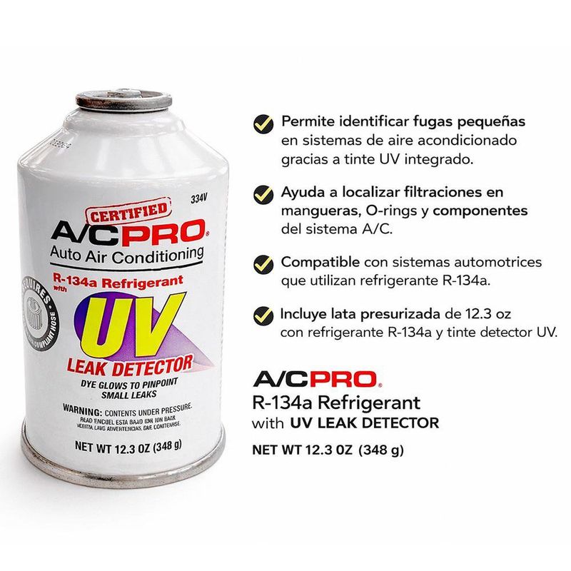 Gas Refrigerante R134a con Detector de Fugas UV de 11.3 oz