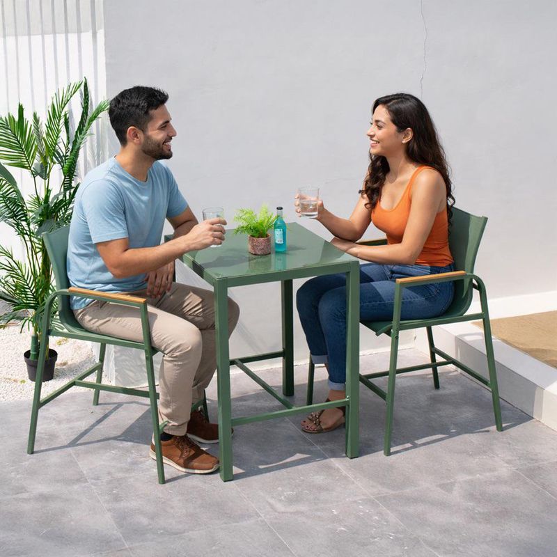 Set de Bar Exterior Carl de 3 Piezas con Mesa Alta y 2 Sillas Verde