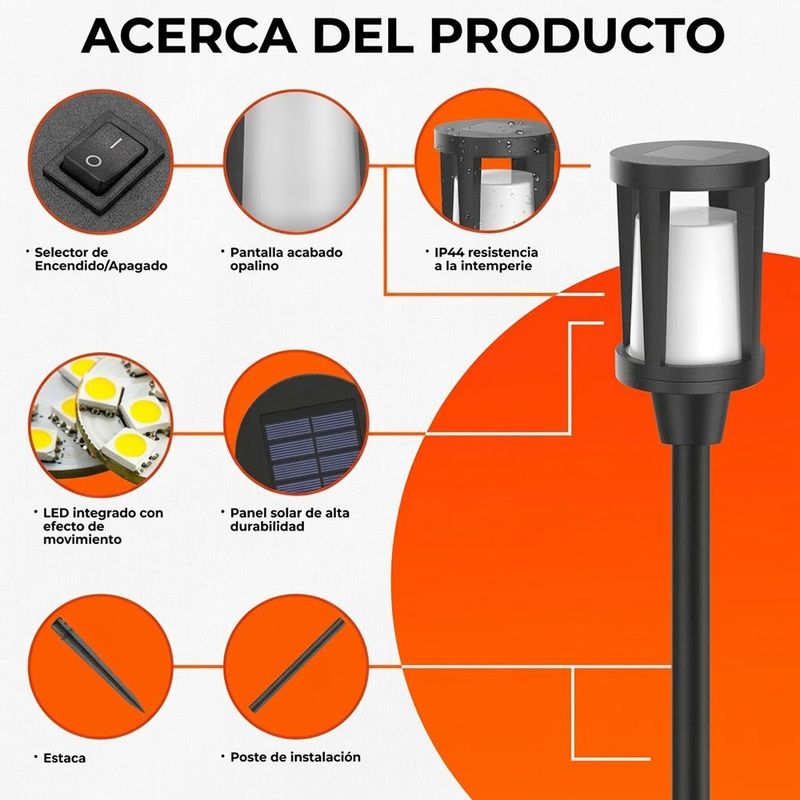 Estaca Solar LED Efecto Flama Ámbar para Jardín