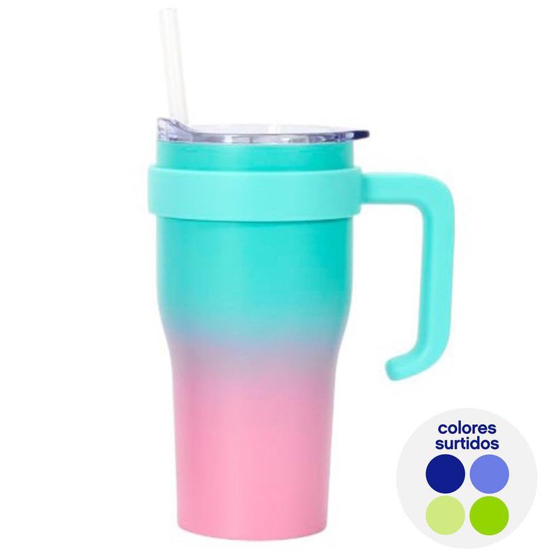 Termo de Acero Inoxidable de 600 ml con Pajilla y Asa Colores Surtidos