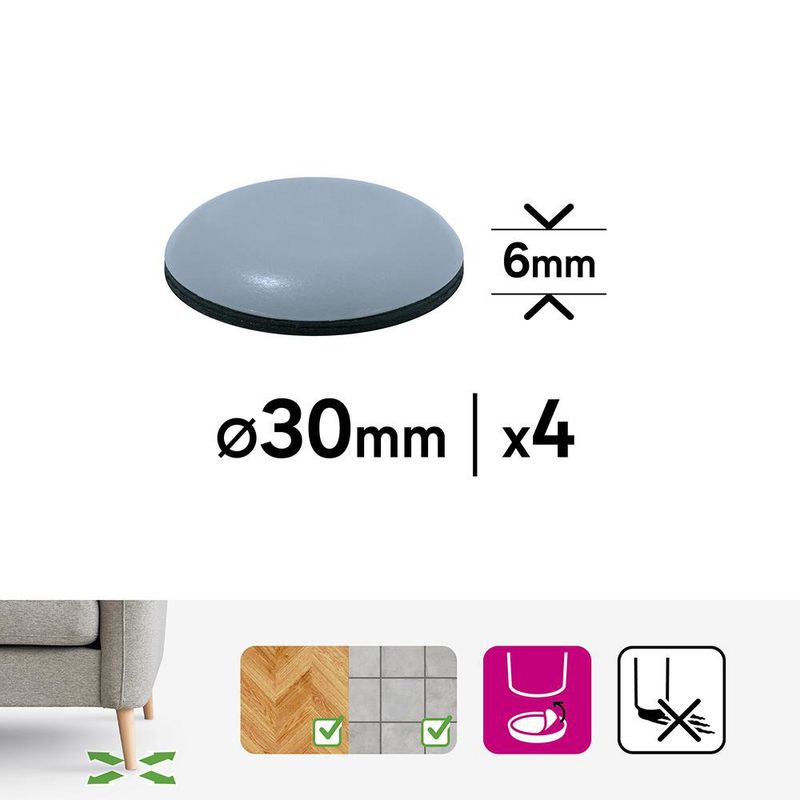 Deslizadores Plásticos para Patas de Muebles 30 Mm Color Gris 4 Unidades