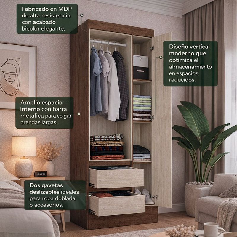 Armario de 3 Puertas con 2 Gavetas para Dormitorio 45 x 76 x 179 cm Bicolor Café y Beige