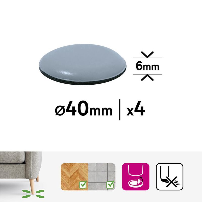 Deslizadores Adhesivos de PTFE para Muebles 40 mm Color Gris 4 Pzas
