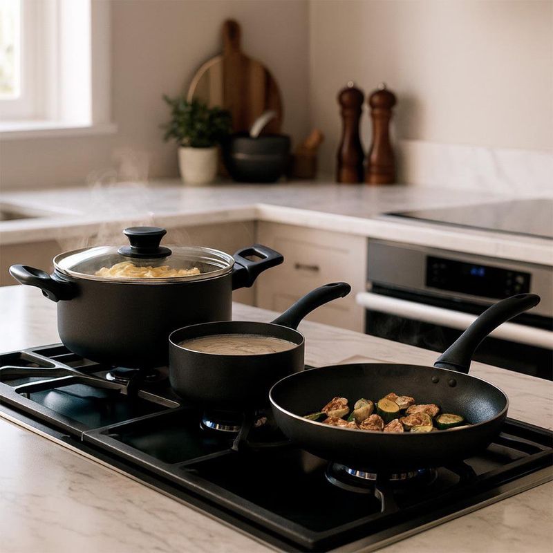 Batería de Cocina Clairborne de 7 Piezas con Tapas de Vidrio y Utensilios Negros