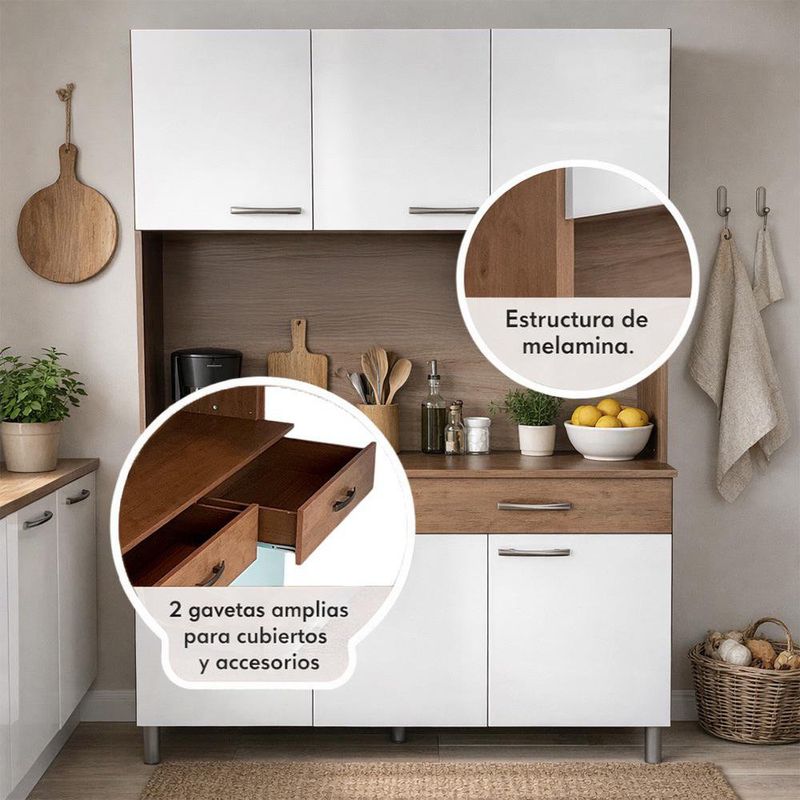 Gabinete de 6 Puertas y 2 Gavetas para Cocina 39 x 130 x 186 cm Café y Blanco