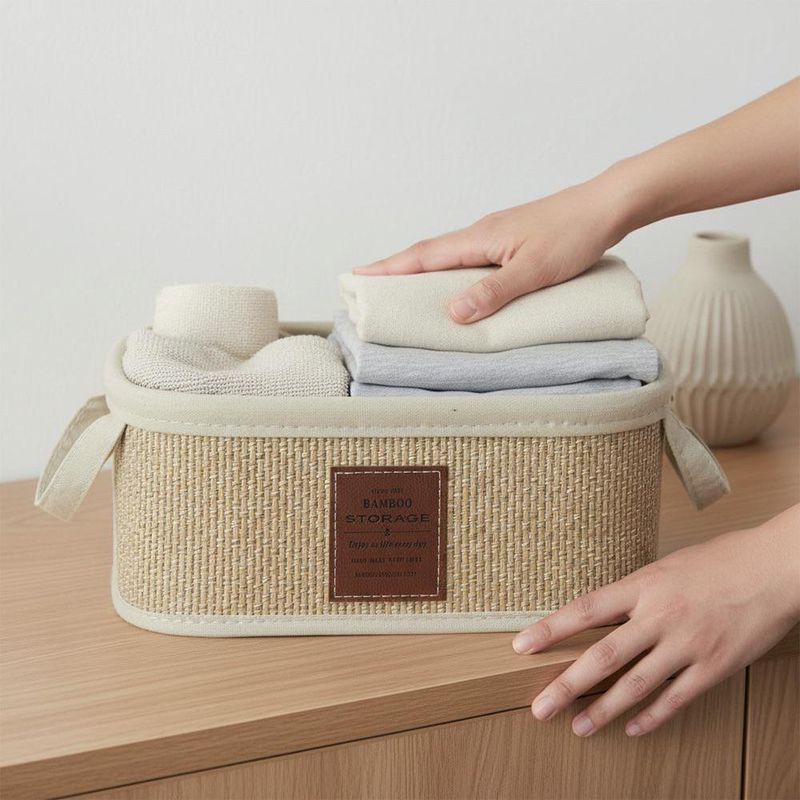 Canasta Organizadora Rectangular de Bambú con Asas Color Beige Mediana