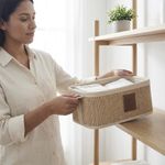 Canasta Organizadora Rectangular de Bambú con Asas Color Beige Mediana