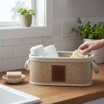 Canasta Organizadora Rectangular de Bambú con Asas Color Beige Pequeña