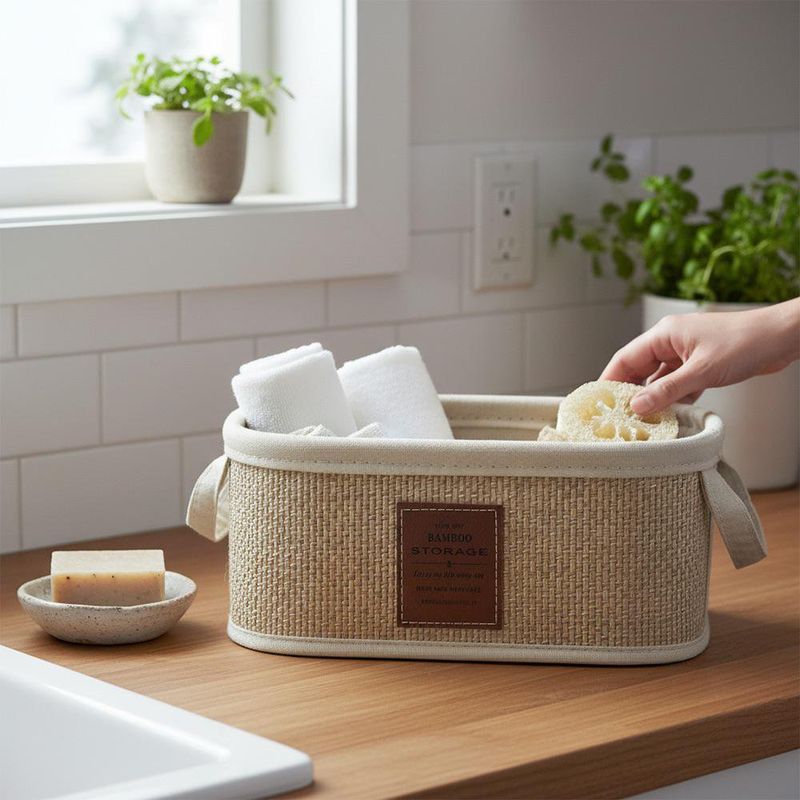 Canasta Organizadora Rectangular de Bambú con Asas Color Beige Pequeña