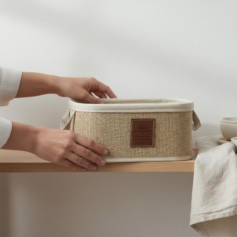 Canasta Organizadora Rectangular de Bambú con Asas Color Beige Pequeña