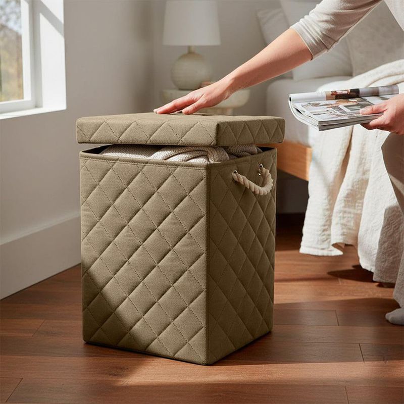 Cesta para Ropa Rectangular con Tapa Tela Acolchada Color Café Grande