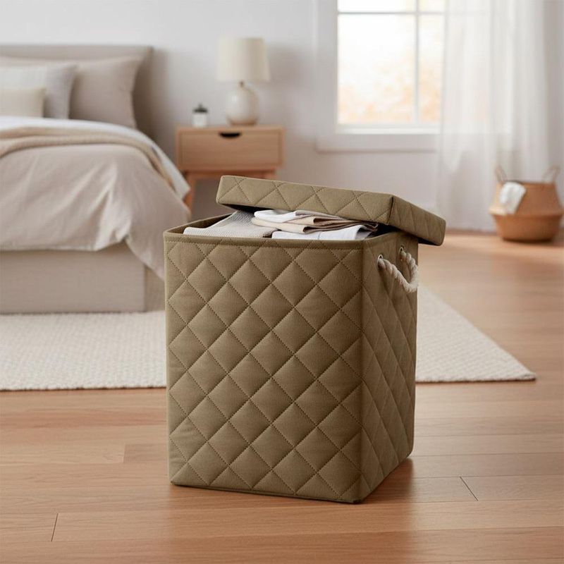 Cesta para Ropa Rectangular con Tapa Tela Acolchada Color Café Grande