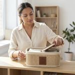 Canasta Organizadora Rectangular de Bambú con Asas Color Beige Grande