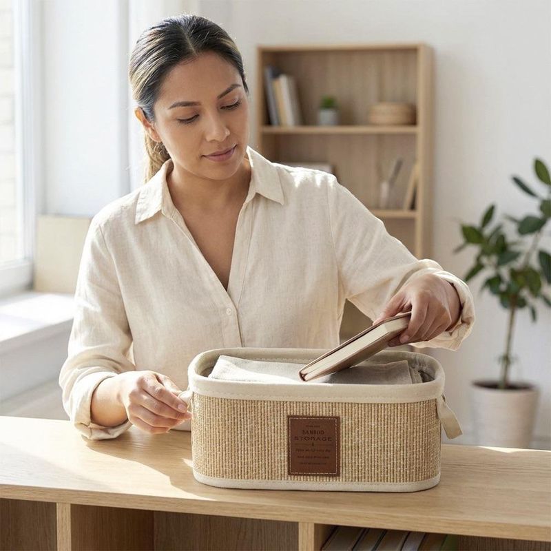 Canasta Organizadora Rectangular de Bambú con Asas Color Beige Grande