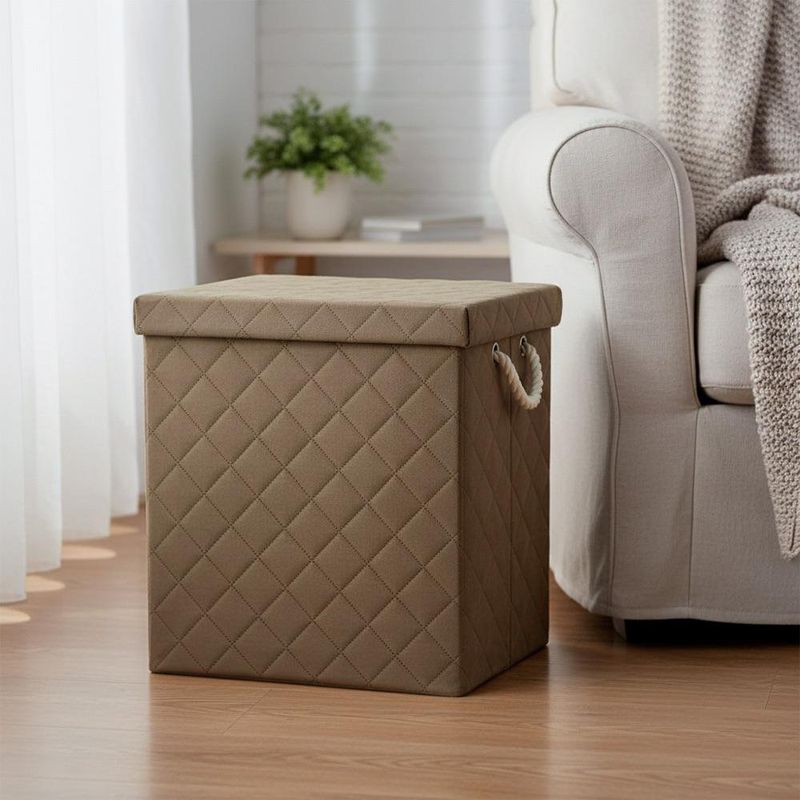 Cesta para Ropa Rectangular con Tapa Tela Acolchada Color Beige Mediana
