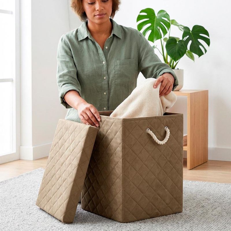 Cesta para Ropa Rectangular con Tapa Tela Acolchada Color Beige Mediana