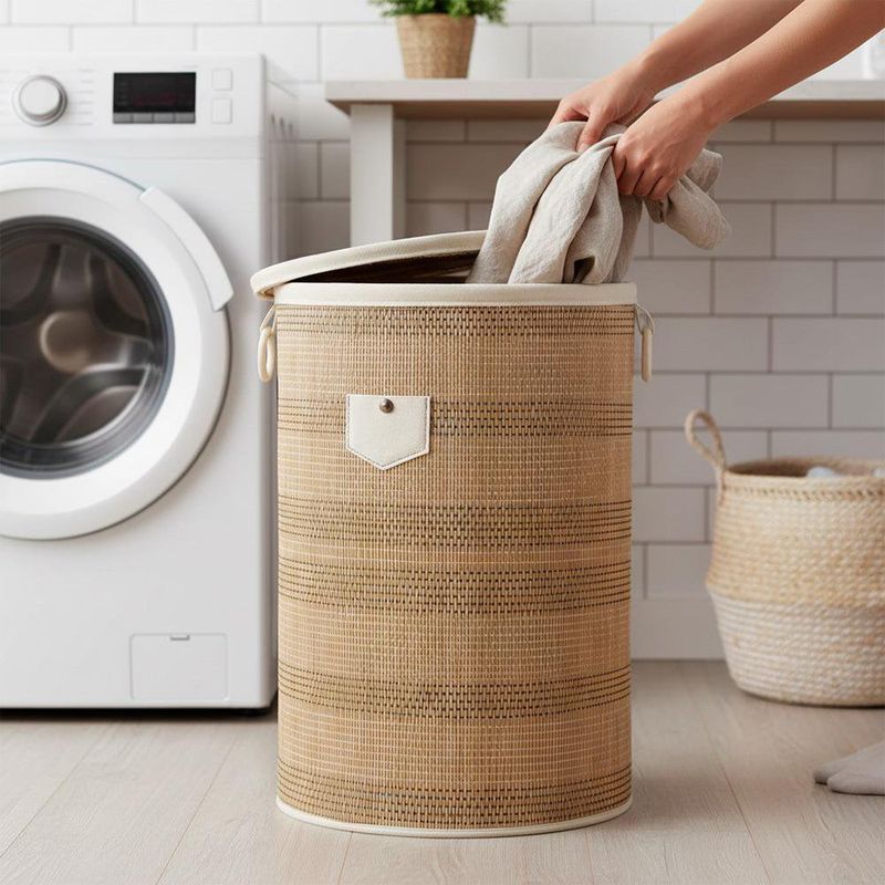Cesta para Ropa Plegable Redonda de Bambú con Tapa Color Beige