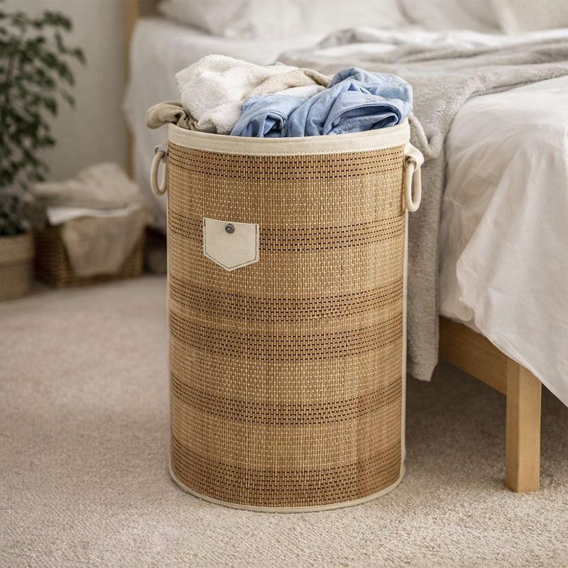 Cesta para Ropa Plegable Redonda de Bambú con Tapa Color Beige