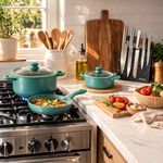 Batería de Cocina Gravina Mármol Color Turquesa con Juego de Cuchillos