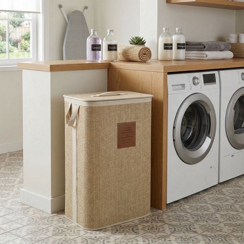 Cesta para Ropa Plegable Rectangular de Bambú con Tapa Color Natural