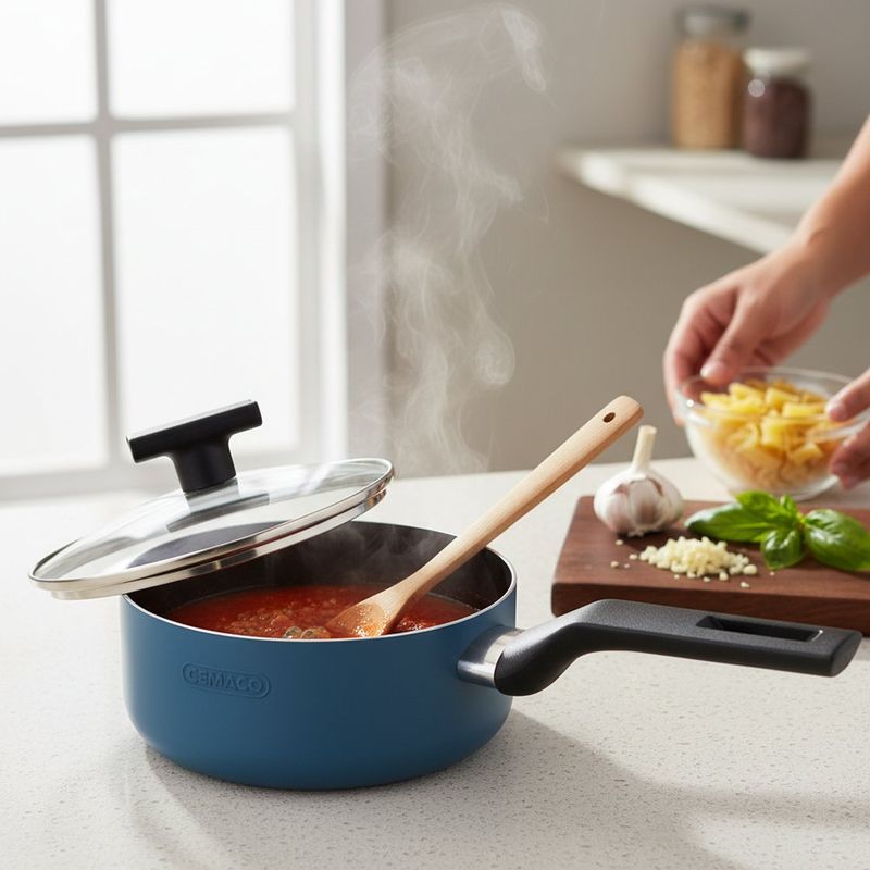Cazo de Aluminio Antiadherente Azul de 18 cm con Tapa de Vidrio