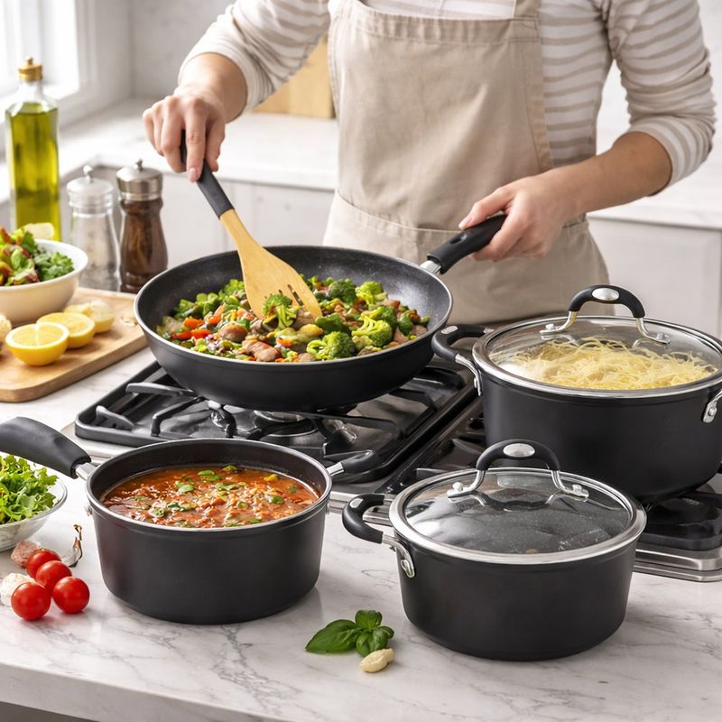Batería de Cocina Rafaeol 9 Piezas de Aluminio Antiadherente con Tapas de Vidrio