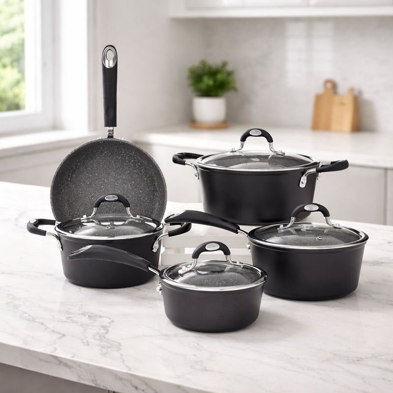 Batería de Cocina Rafaeol 9 Piezas de Aluminio Antiadherente con Tapas de Vidrio