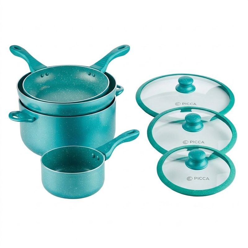 Batería de Cocina Verona de 7 Piezas de Mármol Verde Turquesa con Tapas de Vidrio