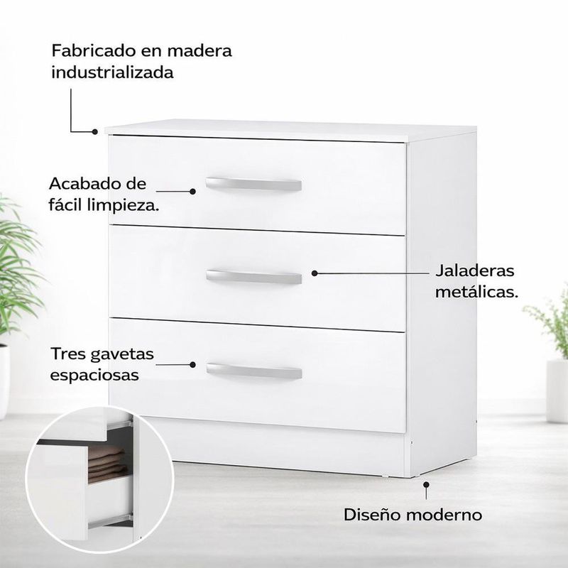 Gavetero Clara con 3 Gavetas Color Blanco de 71 x 45 x 77 Cm
