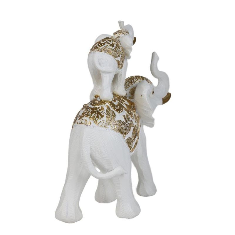 Figura Decorativa de Elefante Mamá e Hijo Color Blanco con Detalles Dorados 23 Cm