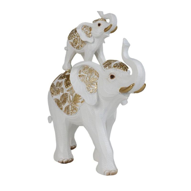 Figura Decorativa de Elefante Mamá e Hijo Color Blanco con Detalles Dorados 23 Cm