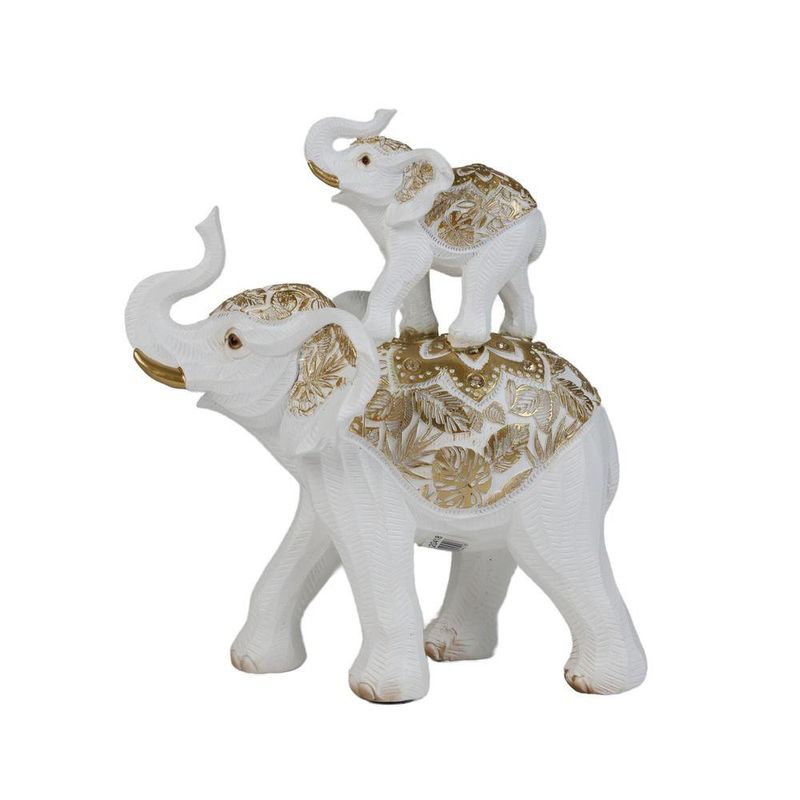 Figura Decorativa de Elefante Mamá e Hijo Color Blanco con Detalles Dorados 23 Cm