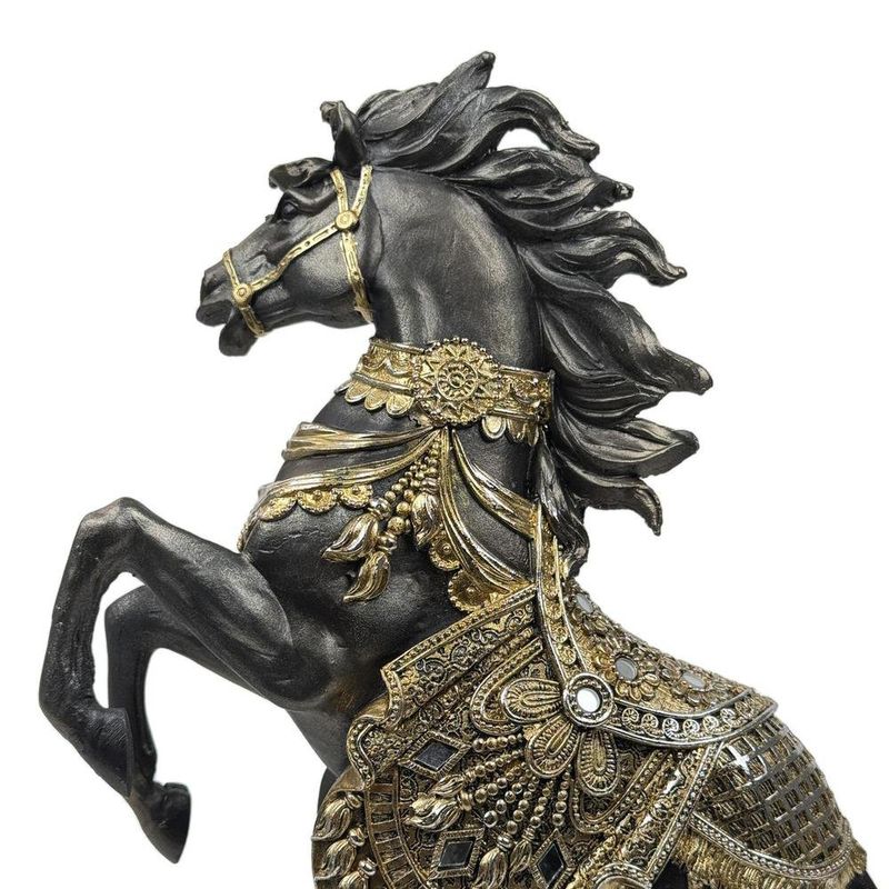 Figura Decorativa de Caballo Negro Dorado Relinchando en Dos Patas