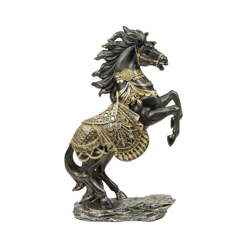 Figura Decorativa de Caballo Negro Dorado Relinchando en Dos Patas