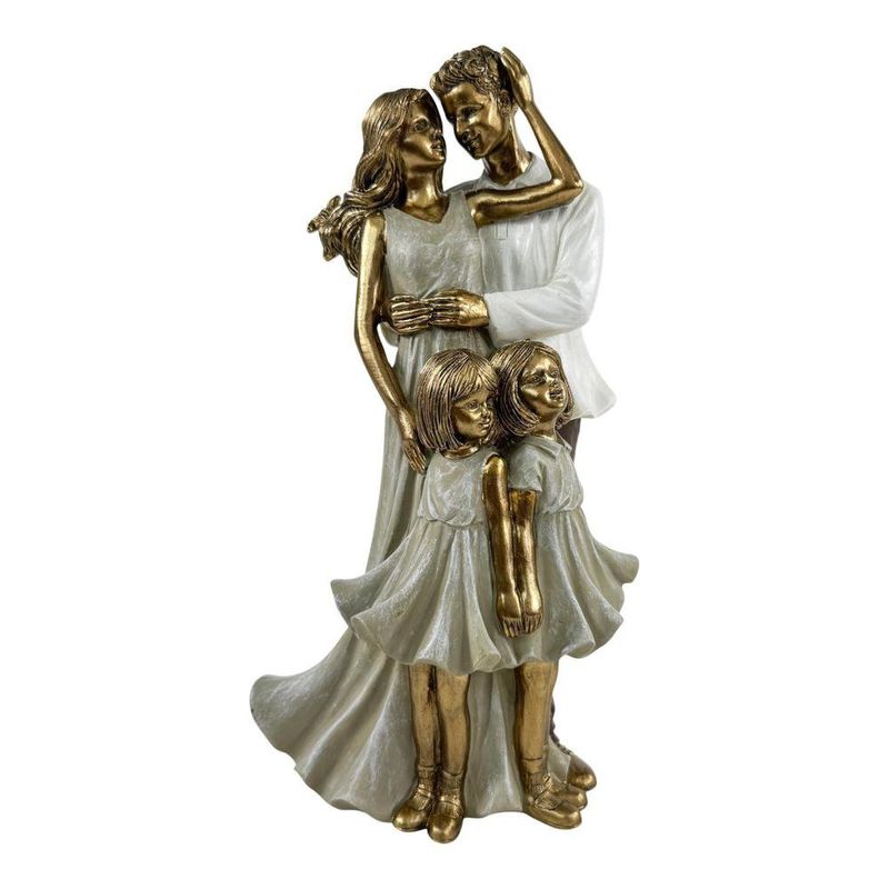 Figura Decorativa de Pareja con Dos Hijas Color Dorado y Blanco 24 Cm