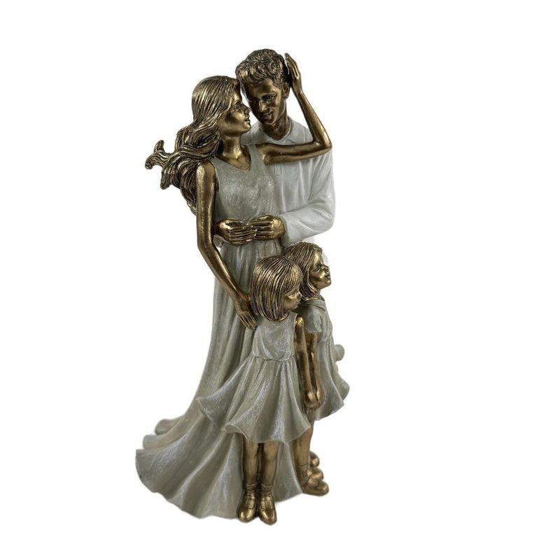 Figura Decorativa de Pareja con Dos Hijas Color Dorado y Blanco 24 Cm