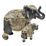 Figura Decorativa de Elefante Mamá e Hijo Estilo Oriental Color Negro con Detalles Dorados
