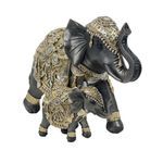 Figura Decorativa de Elefante Mamá e Hijo Estilo Oriental Color Negro con Detalles Dorados