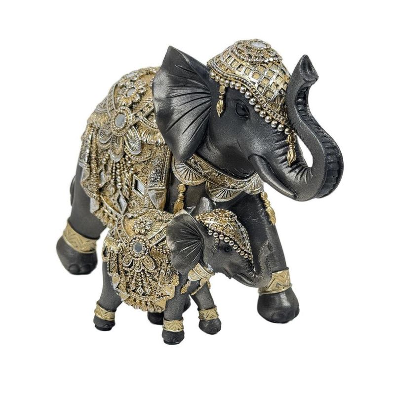 Figura Decorativa de Elefante Mamá e Hijo Estilo Oriental Color Negro con Detalles Dorados